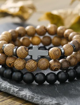 Fashion Personality Retro Jewelry Black Gallstone Cross Wood Beads Personality Bracelet Men's Elastic Bracelet 3-Piece Set - Aliexpress - FashionsVida