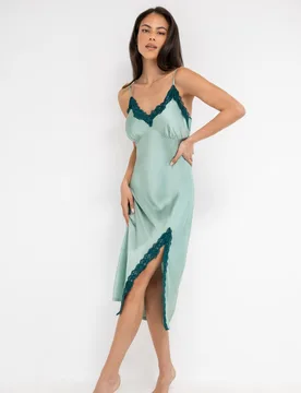 Dusk Satin and Lace Midi Chemise Teal Mix female - Pour Moi - FashionsVida