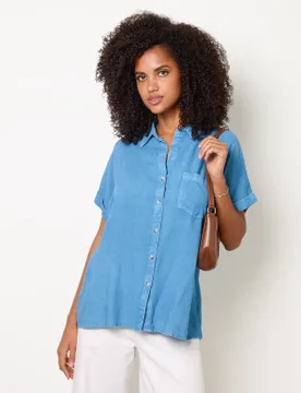 Button Front Shirt - L / MID DENIM - female - Blue Vanilla - FashionsVida