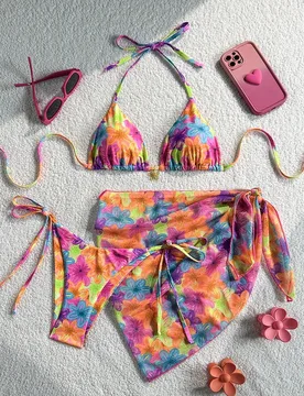 Conjunto de 3 piezas de ropa de playa para mujer, top halter de tela con textura floral, braguita de bikini con lazo lateral, falda de malla de color - Shein - FashionsVida