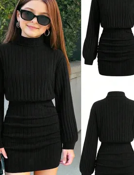 Vestido de cuello alto acanalado rojo holgado en la cintura y ajustado en las caderas y la cadera para niñas preadolescentes, vestido casual elegante - Shein - FashionsVida
