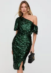 Nola Asymmetric Off Shoulder Sequins Midi Dress In Green - 8