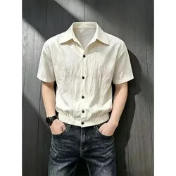 Men's Short Sleeve Button Up Shirt with Turn Down Collar Solid Color Casual Top Breathable Lightweight Summer Daily Wear