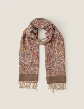 Embroidered Paisley Tassel Scarf Beige Mix female - Monsoon - FashionsVida