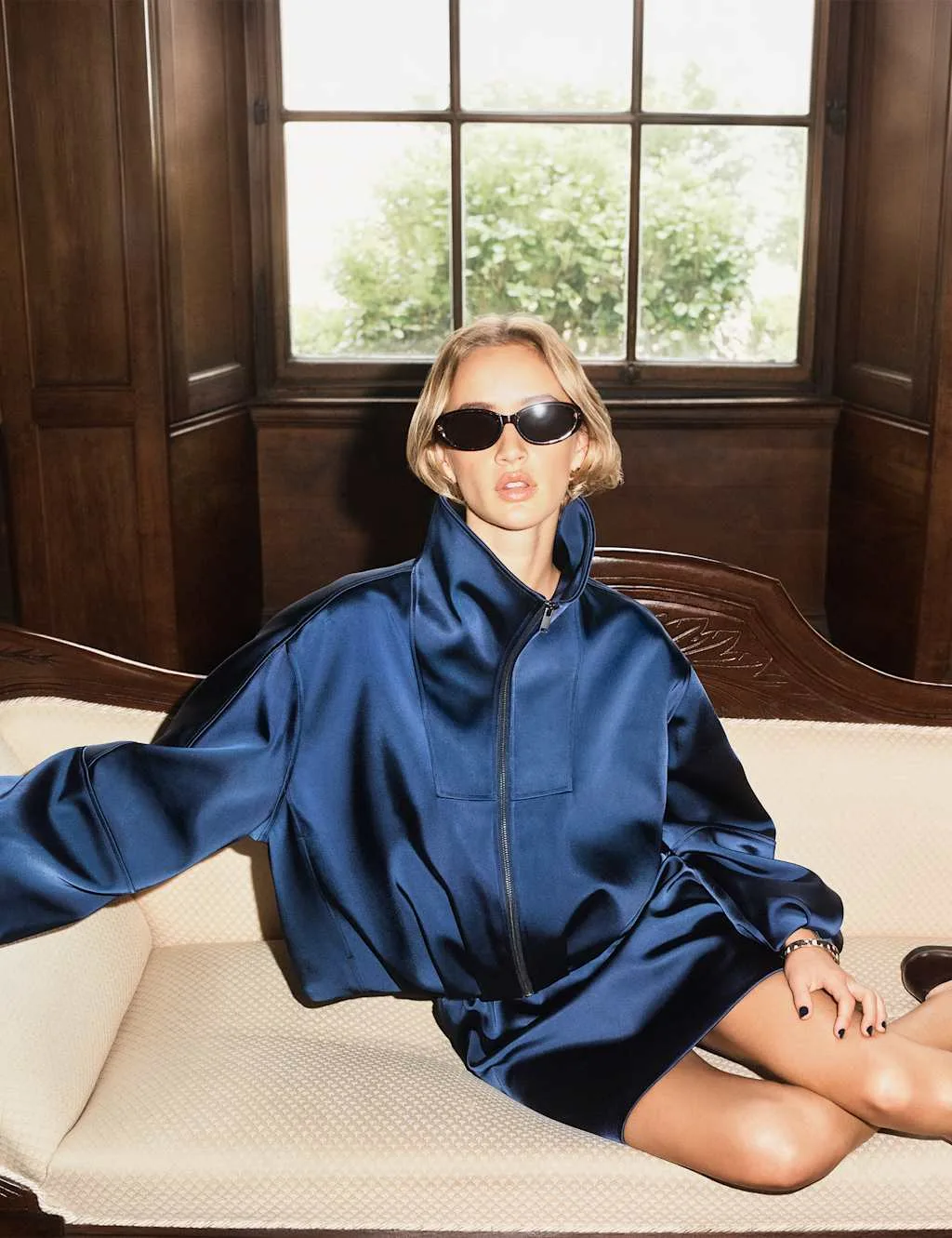 Satin Blouson Sleeve Cropped Bomber Jacket Navy female - M&S - FashionsVida