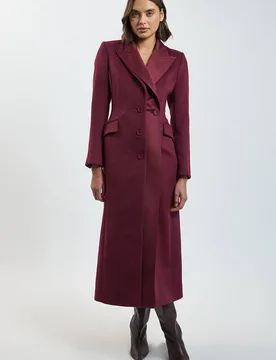 Women's Brushed Wool Blend Satin Mix Midi Coat in Burgundy Size: 14 - Burgundy - Size: 14 - Karen millen - FashionsVida