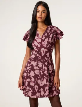 Printed Frill Sleeve Mini Dress - 8 / BURGUNDY - female - Blue Vanilla - FashionsVida