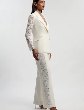 Women's Compact Stretch Lace Mix Tailored Wide Leg Trouser in Ivory Size: 10 - Ivory - Size: 10 - Karen millen - FashionsVida