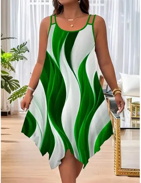 Vestido de tirantes casual de talla grande para mujer con estampado de rayas y bajo asimétrico, elegante para vacaciones de verano 3XL - Shein - FashionsVida