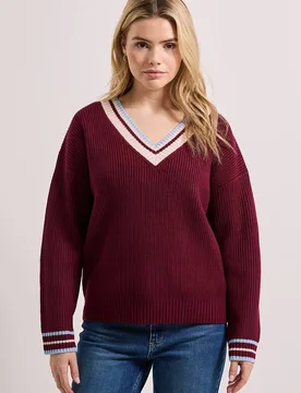 Women's Contrast Cricket Jumper in Burgundy Size: Large - Burgundy - Size: L - Dorothy perkins - FashionsVida