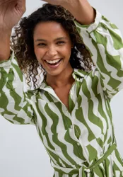 Nora Button Down Abstract Print Midi Dress In Green - 8