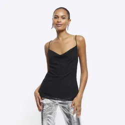 Womens Cami Top Black Chiffon Beaded - Size 6 Uk