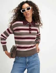 Striped Embellished Polo Shirt Pink Mix female