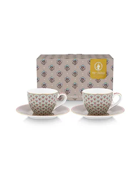 Taza de espresso con platillo, juego de 2, 120 ml, BLOOMING TALES Khaki camel - Studio - FashionsVida