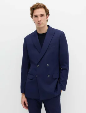 Slim Fit Double Breasted Jacket with Stretch Dark Indigo male - M&S - FashionsVida