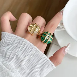 Vintage Gold Braided Grid Gemstone Open Ring for Women Niche Design Luxury High End Statement Ring Fashion Jewelry Gift