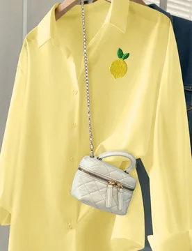 Camisa de manga larga con bordado de limón, versátil y casual para mujer, amarillo claro, para brunch, escuela y otoño M - Shein - FashionsVida