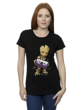 Women's Guardians Of The Galaxy Groot Cosmic Tape Cotton T-Shirt in Black Size: XL - Black - Size: XL - Marvel - FashionsVida