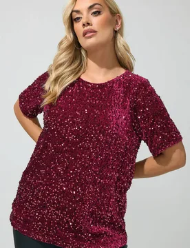 Women's Sequin Velvet T-Shirt in Red Size: 18 - Red - Size: 18 - Yours - FashionsVida