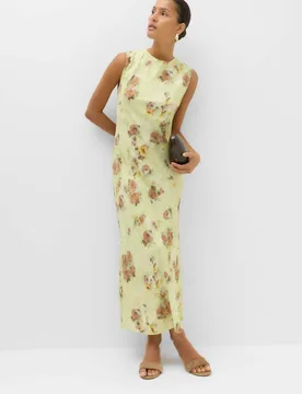 Floral Round Neck Midi Column Dress Green Mix female - M&S - FashionsVida