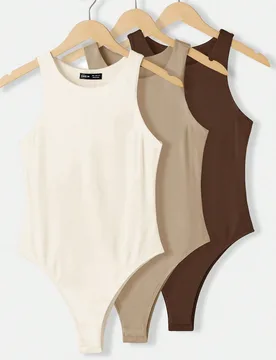 Piezas/Set Body de punto ajustado sin mangas de cuello redondo minimalista básico de unicolor para mujer ropa de verano uso diario blanco roto marró - Shein - FashionsVida