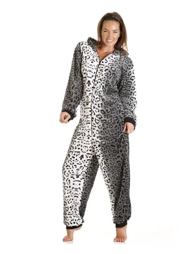 Women's Supersoft All In One Snow Leopard Animal Print Onesie in Grey Size: 10-12 - Grey - Size: 10-12 - Camille - FashionsVida