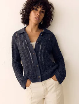 Cotton Rich Textured Collared Cardigan Dark Slate female - Per Una - FashionsVida