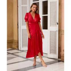 Vestido largo cruzado con mangas abullonadas