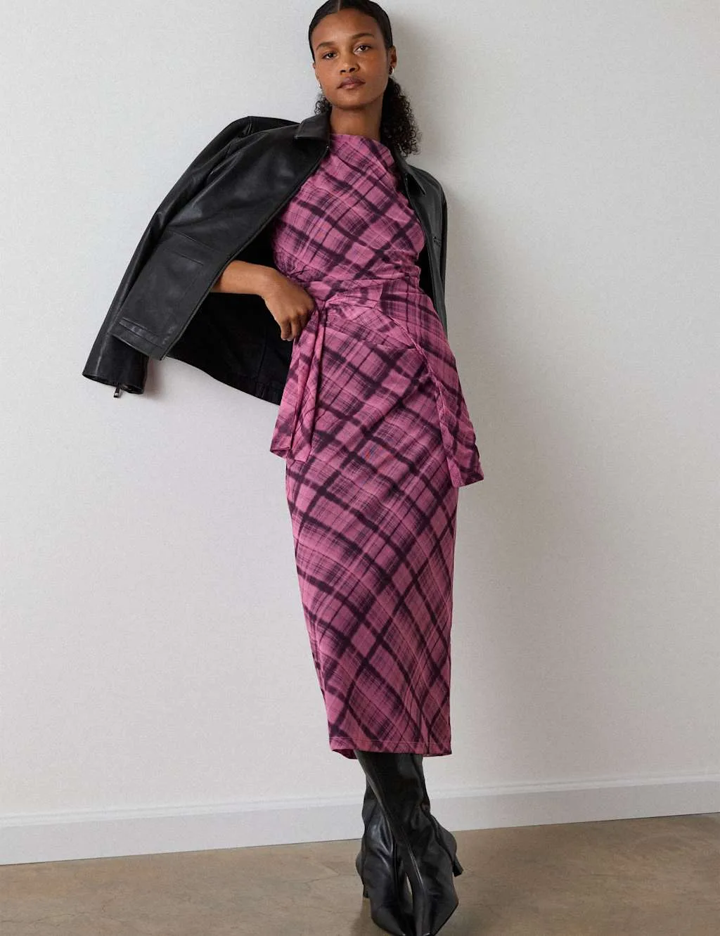 Mesh Checked Ruched Midi Column Dress Pink Mix female - Whistles - FashionsVida