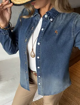 Camisa vaquera casual de mujer de manga larga con bordado de caballero de una sola hilera S - Shein - FashionsVida