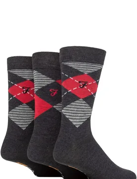 Mens 3 Pair Argyle, Patterned and Striped Cotton Socks Charcoal / Berry Argyle 6-11 Mens - Grey - Size: 6-11 Mens - Farah - FashionsVida