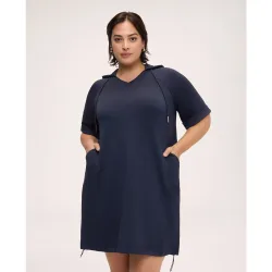 Vestido corto con capucha mangas cortas de corte raglan con dobladillo bolsillos delanteros de parche cordón ajustable en el bajo a
