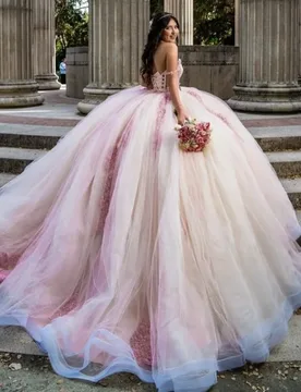 Light Pink Dresses off-shoulder Crystal Glitter Flower Decal Long tail Bow Vestido De 15 Quinceanera Customize - Aliexpress - FashionsVida