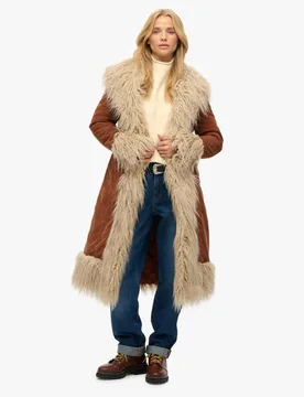 Faux Fur Trim Longline Afghan Coat Brown Mix female - Superdry & Co - FashionsVida