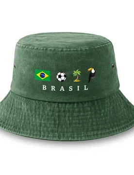 Pieza Sombrero de cubo vintage lavado unisex - Estampado con elementos de la cultura brasileña que incluye bandera, balón de fútbol y tucán, múlt - Shein - FashionsVida
