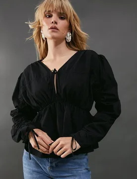 Women's Cotton Tie Front Volume Sleeve Blouse in Black Size: 8 - Black - Size: 8 - Warehouse - FashionsVida