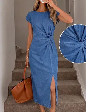 Vestido de mujer de verano casual con nudo delantero y abertura de mezclilla, elegante para otoño/invierno, vacaciones, formal, negocios, estilo vaqu - Shein - FashionsVida