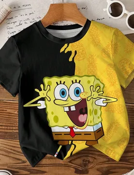 Camiseta casual de manga corta con cuello redondo y estampado de dibujos animados en bloques de color para niño - Shein - FashionsVida