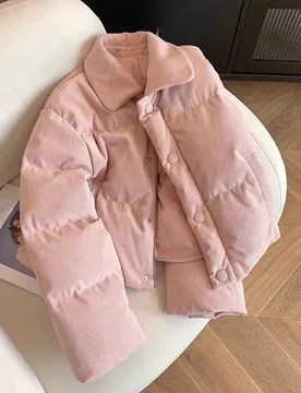 Abrigo acolchado de mujer estilo coreano otoño/invierno, rosa, de pana con patchwork en el cuello, diseño único y versátil S - Shein - FashionsVida
