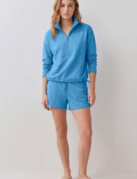 Women's Quarter Zip Relaxed Sweatshirt & Short Set in Blue Size: 10 - Blue - Size: 10 - Enorsia - FashionsVida
