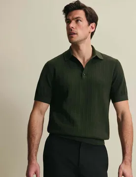 Pure Cotton Textured Knitted Polo Shirt Olive male - Charles Tyrwhitt - FashionsVida