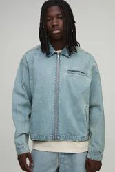 Mens Essential Boxy Denim Harrington Jacket - Blue Cotton - Size Medium