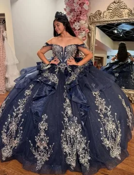 Dark Blue Quinceanera Dress Sequins Crystal Decal Long tail off-shoulder Lace Layering Bow Vestidos De 15 Quinceanera ﻿Customize - Aliexpress - FashionsVida