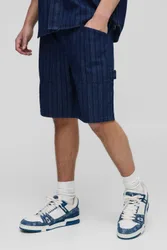 Mens Elasticated Relaxed Striped Denim Shorts - Blue Cotton - Size X-Small