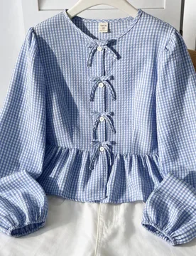 Camisa casual de vacaciones con cuello redondo y manga larga con decoración de lazo, tops de otoño, decoración de lazo linda, atuendos de vacacione - Shein - FashionsVida