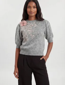 Women's Flower & Beaded Puff Sleeve Knit T-Shirt in Grey Size: Medium - Grey - Size: M - Karen millen - FashionsVida