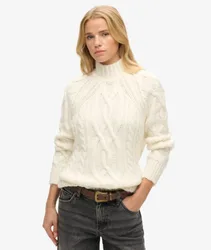 Superdry Damen Hochgeschlossener Pullover mit Zopfmuster Weiß - Größe: 42