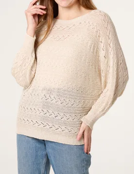 Pointelle Cable Batwing Jumper - S/M / BEIGE - female - Blue Vanilla - FashionsVida