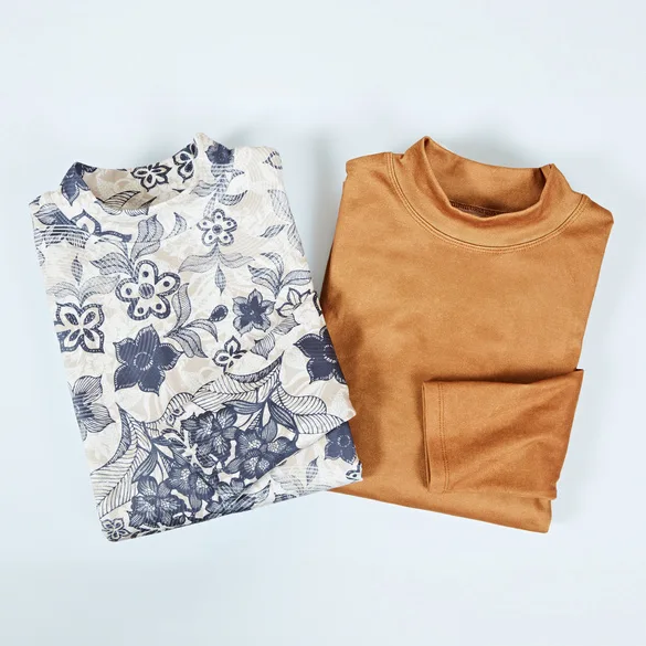Langarm-Shirts camel + gemustert 2er-Set - 3Pagen - FashionsVida