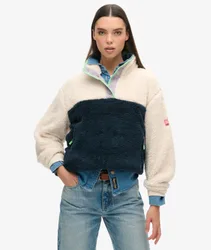 Superdry Damen Weiß und Marineblau Superweicher Mash Up Henley-Pullover, Größe: 40